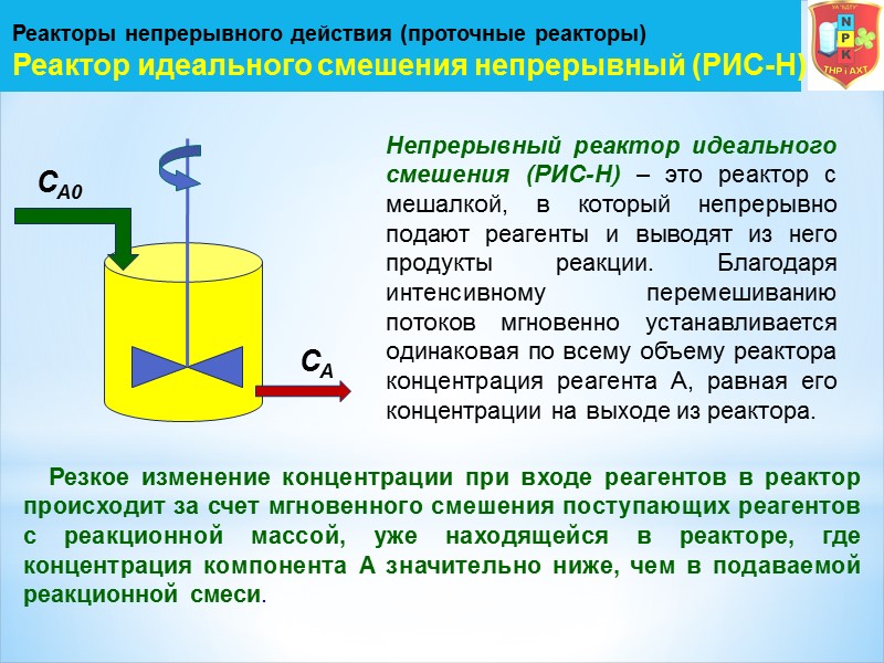 Реакторы непрерывного действия (проточные реакторы) Реактор идеального смешения непрерывный (РИС-Н) Непрерывный реактор идеального смешения
